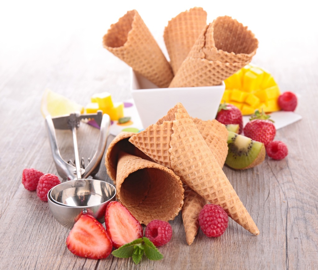 ice cream cone and fruits