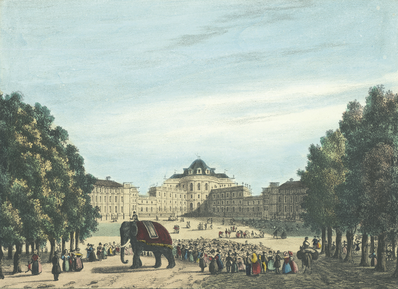 enrico-gonin-litografia-castello-di-stupinigi-con-l-elefante-fritz-1836-archivio-storico-della-citt-di-torino